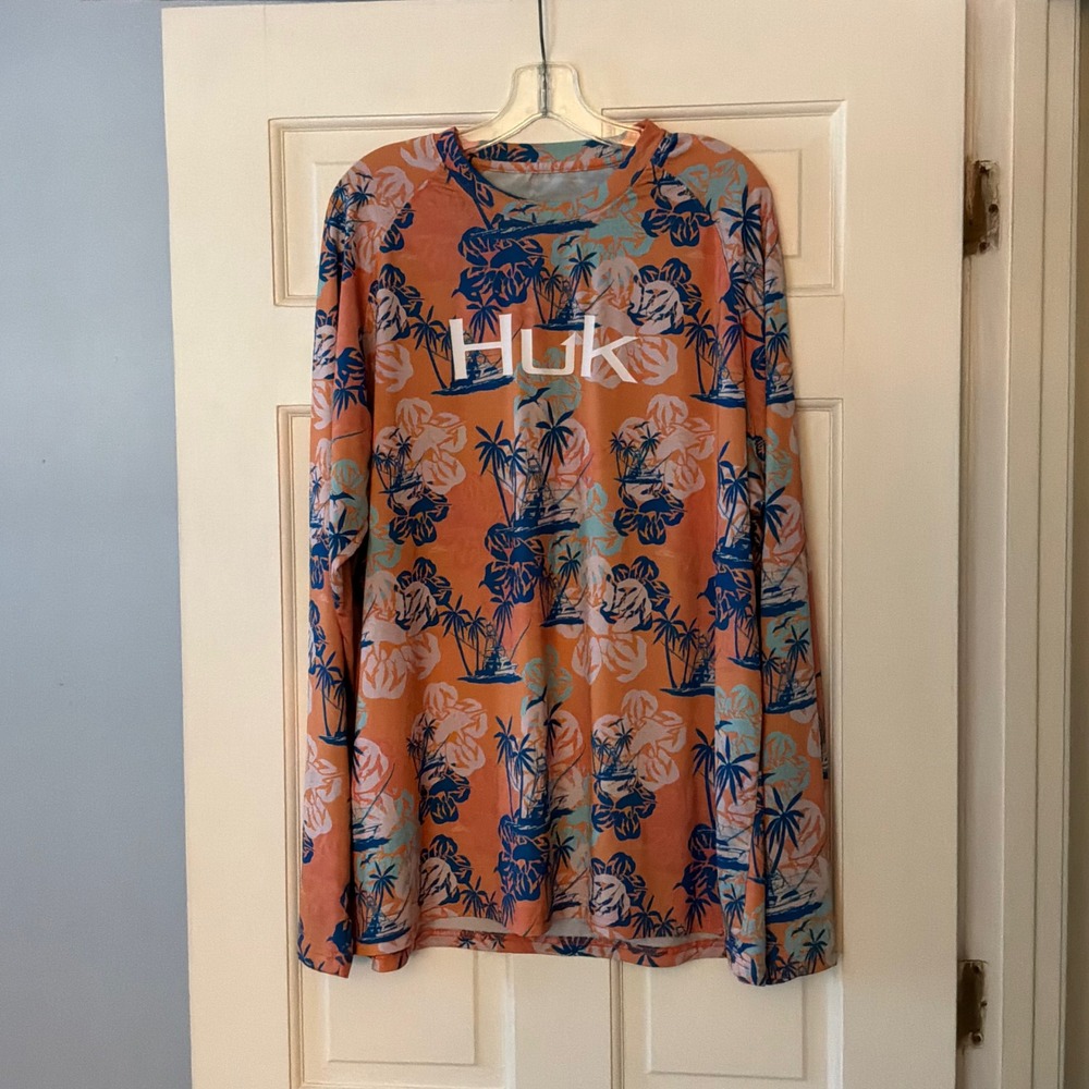 Huk Performance Fishing Shirt Mens XL Orange Tropical Boat LS Rash Guard Sun Top